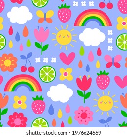 Colorful cute hand drawn floral, rainbow and cloud seamless pattern background