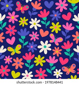 Colorful cute hand drawn floral and heart pattern background
