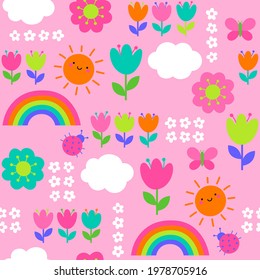 Colorful cute hand drawn floral, rainbow and cloud seamless pattern background