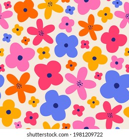 Colorful cute hand drawn floral seamless pattern background.