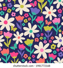 Colorful cute hand drawn floral seamless pattern background.