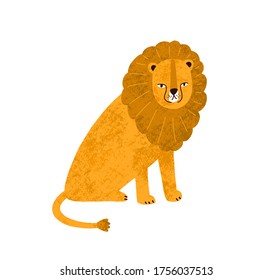 Colorful cute hand drawn lion with big mane vector flat illustration. Funny wild exotic carnivorous animal sitting isolated on white background. Cartoon feline predator with tail