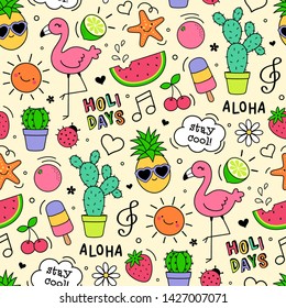 Colorful cute hand drawn summer element seamless pattern background.