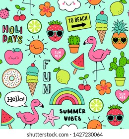 Colorful cute hand drawn summer element seamless pattern background.