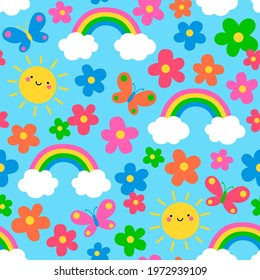 Colorful cute hand drawn sun, floral, rainbow, cloud and butterfly seamless pattern background