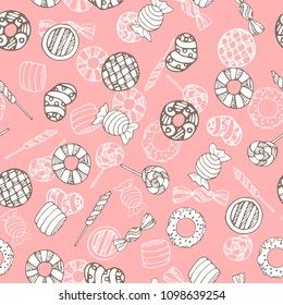 Colorful and cute hand drawn sweet candy vintage style seamless pattern vector