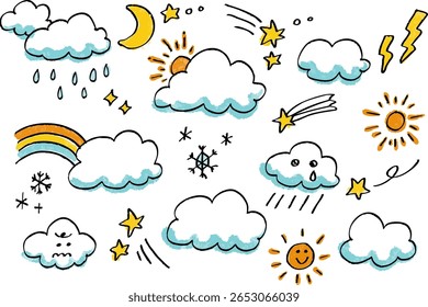 Colorful Cute Hand Drawn Weather and Cloud Icon Set for Kids