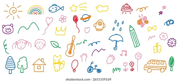 A colorful and cute hand-drawn doodle-style material set. A material set of weather, flowers, animals, children's faces, trees, etc.