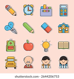 Colorful and cute hand-drawn illustration set of school supplies including pencils, apples, backpacks, books, and more. Perfect for educational content, kids’ materials, school-themed designs, and cla