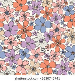 Vetor desenhado à mão bonito colorido Padrão floral sem costura com contorno preto no fundo branco