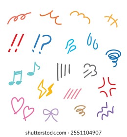 Colorful cute handwritten icons of emotions and exclamation marks