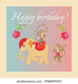 Colorful cute Happy birthday card with cheerful elephant, crocodile and monkeys.