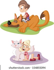 Colorful cute happy cartoon boy and girl with dog and cat. Pets. 