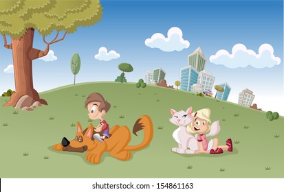 Colorful cute happy cartoon boy and girl with dog and cat on city park 