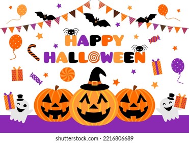 Colorful cute happy halloween party design vector illustration with bunting flags garlands, jack o lanterns pumpkins, bats, candies, balloons, stars, ghosts, spiders and gifts on white background.