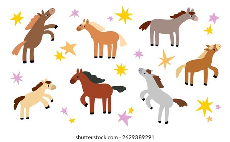 Colorful cute horses set. Funny vector collection of childish pony in different poses. Horse and star flat style