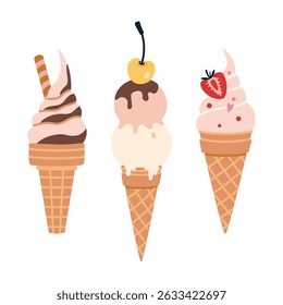 Colorful cute ice cream cones with various toppings. Trendy modern vector illustration isolated on white background, hand drawn, flat design