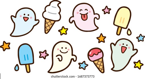 Colorful and cute ice creams and ghosts