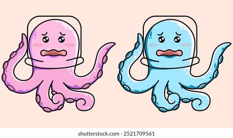 Colorful cute icon of an octopus with a glass cover on its head, colored octopus logo