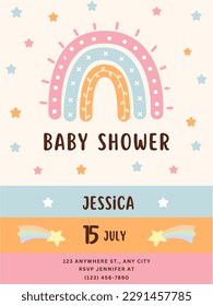 Farbenfrohe Cute Illustrated Boho Rainbow Baby Shower Einladung