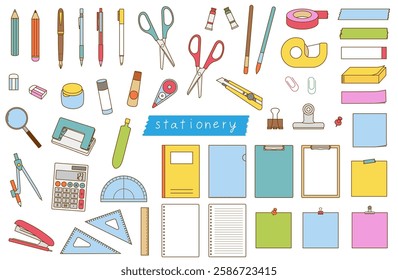 Colorful cute illustration set of stationery