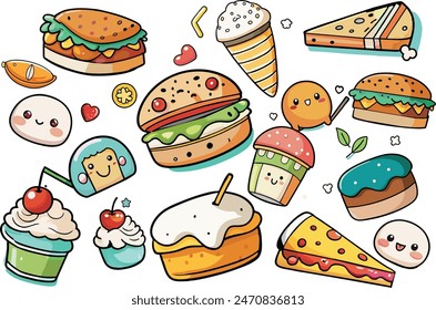 Una colorida y linda ilustración de varios alimentos de dibujos animados, incluyendo hamburguesas, cupcakes, pizza y helado con expresiones kawaii.