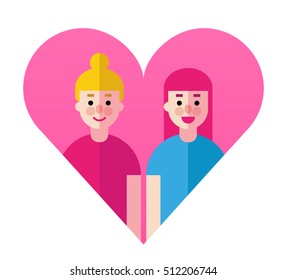 Colorful cute isolated vector illustration of pink heart and lesbian couple