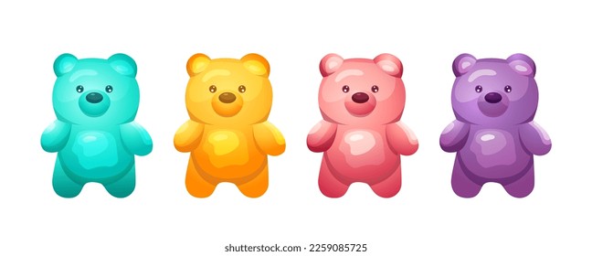 Colorful and cute jelly bears set. Bright fruit sweets teddy. Hand-drawn Vector illustration in cartoon style isolated on white background 