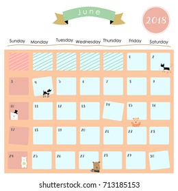 Colorful cute June 2018 calendar with cat,dog and bear