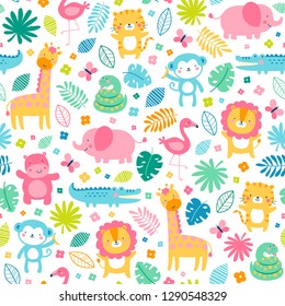 Colorful cute jungle animals with flower and leaf seamless pattern background