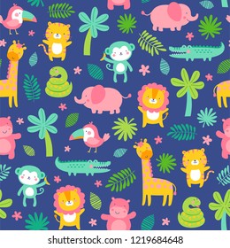 Colorful cute jungle animals with tropical leaf seamless pattern background
