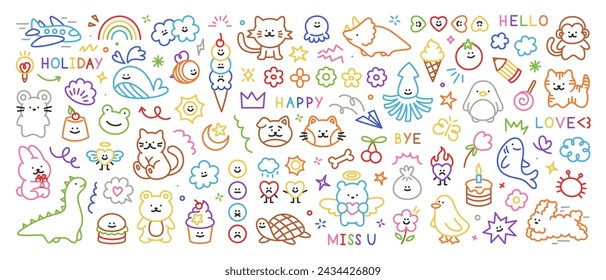 Colorful cute kid doodle icons set. Hand drawn scribble set of sun, flower, smile, heart, animal, cloud, rainbow, dinosaur. Trendy sketch vector childish elements for stickers, patterns, banners