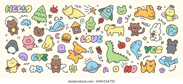 Colorful cute kid icons set. Doodle set of sun, dinosaur, frog, planet, animal, cloud, star, bear, whale, letter, tree. Vector trendy hand drawn childish elements for stickers, patterns, banners