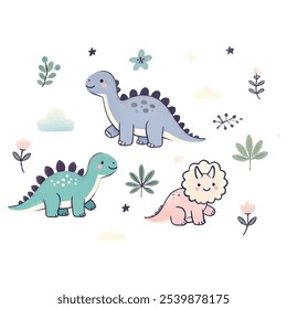 Colorido lindo conjunto de iconos de niños. Doodle conjunto de dinosaurio, flores, planeta. Vector de moda dibujado a mano Elementos infantiles para pegatinas, patrones, Anuncios