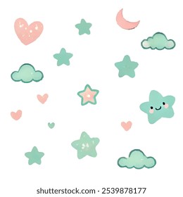 Colorful cute kid icons set. Doodle set of heart, star, clound and cloud. Vector trendy hand drawn childish elements for stickers, patterns, banners
