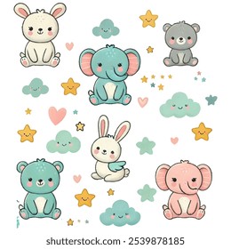 Colorful cute kid icons set. Doodle set of star, clound, heart, animal. Vector trendy hand drawn childish elements for stickers, patterns, banners