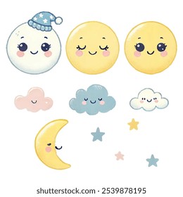 Colorful cute kid icons set. Doodle set of sun, star, clound,moon. Vector trendy hand drawn childish elements for stickers, patterns, banners