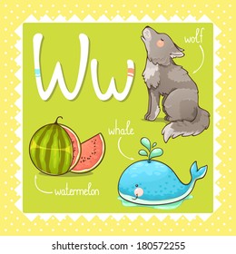 Colorful and cute kids alphabet: letter W