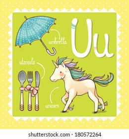 Colorful and cute kids alphabet: letter U