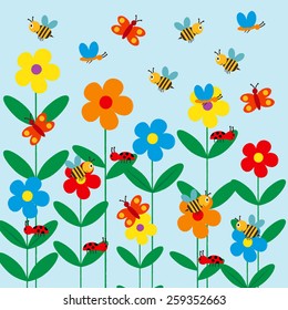 Colorful and cute kids background with flowers, bee and butterfly