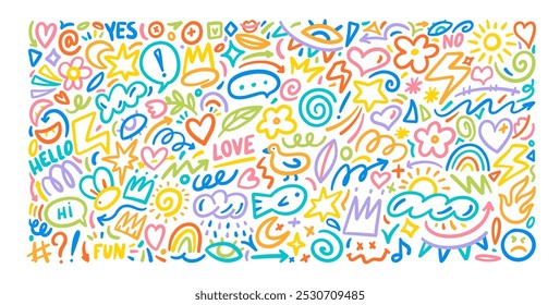 Colorful cute kid's doodle shapes collection. Funny children pen outline flower, cloud, punctuation marks, stars, hearts.Hand drawn naive doodle elements. Marker simple vector elements set.