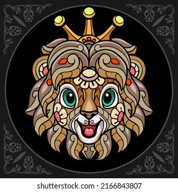 Colorful cute lion head cartoon zentangle arts. isolated on black background. Vector illustration