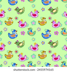 colorful cute little duck on a green background cartoon vector seamless pattern Used for textiles gift wrapping paper wallpaper