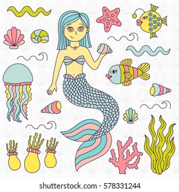 Colorful cute little mermaid girl fish starfish shell coral water plants sea ocean childish doodles collection vector