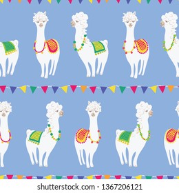 Colorful cute llama party under bunting seamless vector pattern for fabric, wallpaper, scrapbooking or backgrounds. Surface pattern design.