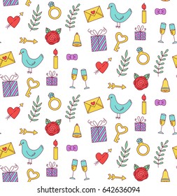 Colorful cute love romantic childish wedding doodle icons seamless vector pattern
