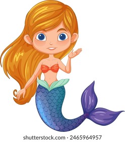 Colorful, cute mermaid with long hair waving