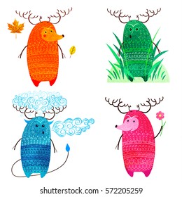 Colorful cute monsters, four seasons. Forest spirits in flat style isolated on white