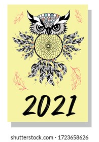 Colorful cute monthly boho calendar 2021 with dream catchers, boho owls, arrows, feathers, inspirational inscriptions