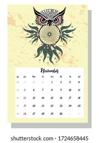 Colorful cute monthly boho calendar 2021 with dream catchers, boho owls, arrows, feathers, inspirational inscriptions